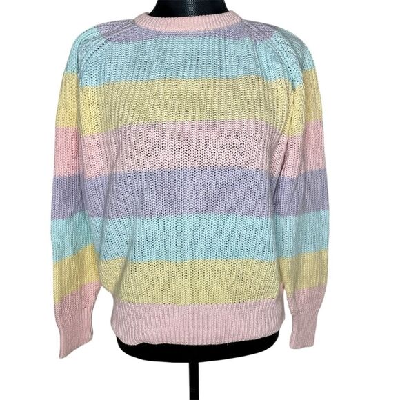 Vintage EZ Spirit Sweater Rainbow Knit Stripe Crewneck Pullover Pink Size Medium - Picture 1 of 7